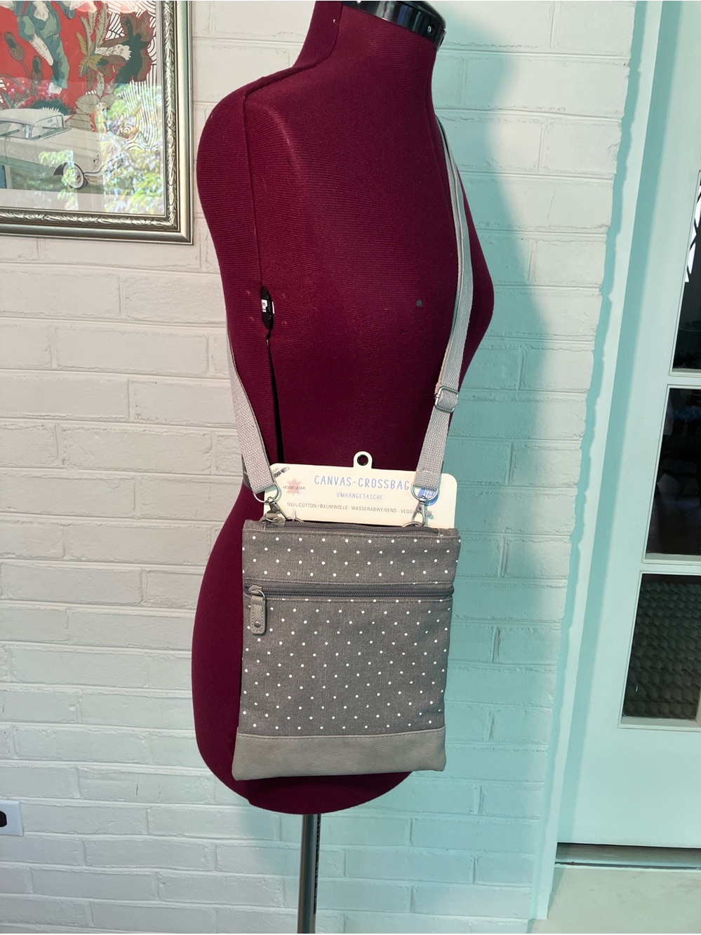 Goldline Canvas Crossbody Bag - Grey Polka Dot - NWT